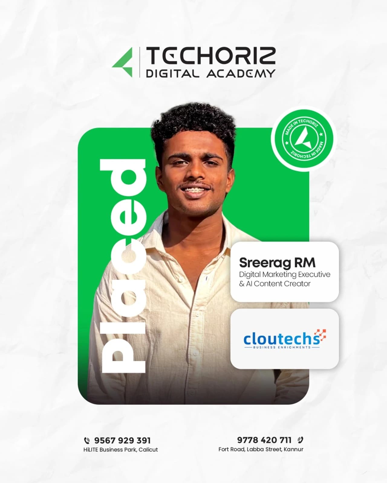 Techoriz student placed in digital marketing