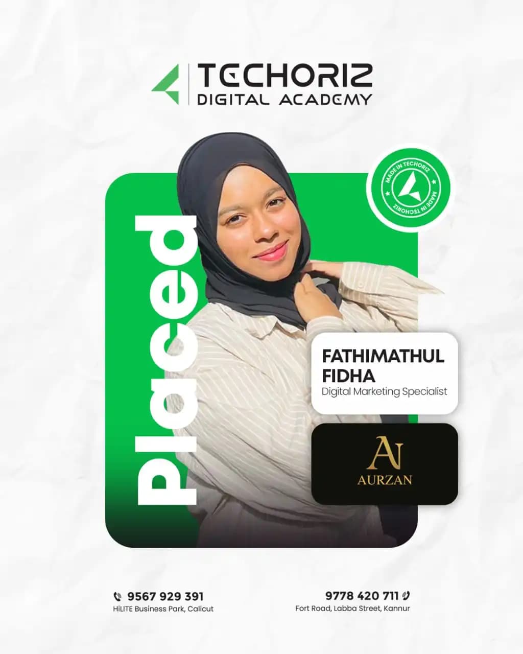 Techoriz student placed in digital marketing